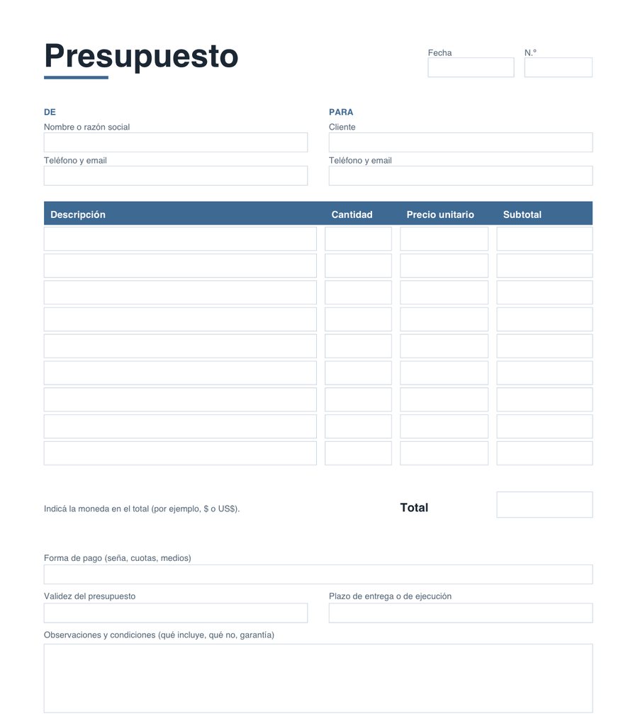 Vista previa del modelo de presupuesto: encabezado con fecha y número, datos de quien presupuesta y del cliente, tabla de descripción, cantidad, precio y subtotal, y total